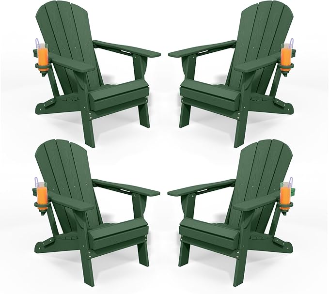 Folding Adirondack Chair Set of 4, HDPE All-Weather Patio Chairs for Outdoor, Patio, Lawn, Garden, Backyard Deck, Fire Pit - Dark Green