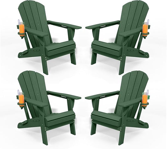 Folding Adirondack Chair Set of 4, HDPE All-Weather Patio Chairs for Outdoor, Patio, Lawn, Garden, Backyard Deck, Fire Pit - Dark Green