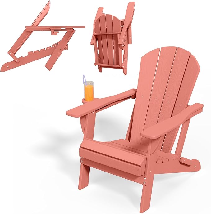 Folding Adirondack Chairs with Cup Holders, Set of 4 HDPE Plastic Outdoor Chairs, Weather Resistant, Real Wood Look, Heavy-Duty Patio Furniture for Deck, Fire Pit, Backyard, Coral