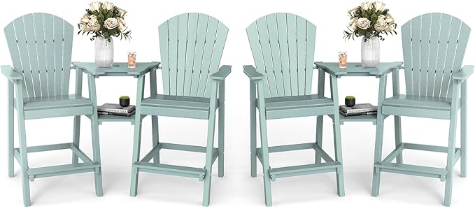 FOOWIN Tall Adirondack Chair Set of 4, All Weather HDPE Bar Height Adirondack Chair with Double Connecting Trays, Adirondack Barstools for Balcony, Deck, Backyard, Patio, Garden Aruban Blue