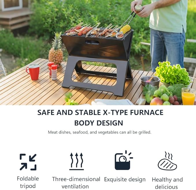 Protable Folding Barbecue Charcoal Grills,Small Tabletop Charcoal Grill with Stainless Steel Smoker BBQ for Outdoor Barbecues,Camping,Garden,Beach Party,Picnics - Black,kkk