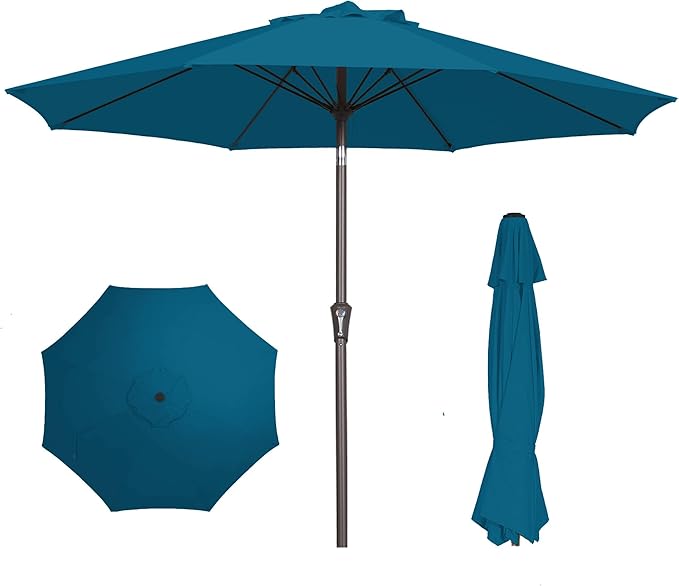 PatioKingdom 9FT Patio Outdoor Umbrella-UPF 50+ Sun Shade with Wind Vent, Push-Button Tilt & Smooth Crank Lift, Rust-Resistant Fiberglass Frame for Garden, Backyard,Yard (Lake Blue, 9FT)