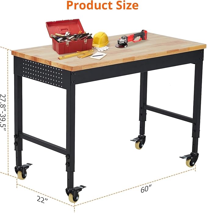 60"x22" Heavy-Duty Adjustable Workbench - 2000LB Capacity Work Bench with Rubberwood Top, Locking Wheels & Power Outlets, 27.8"-39.5" Height, Mobile Garage Workstation for Workshop/Home DIY