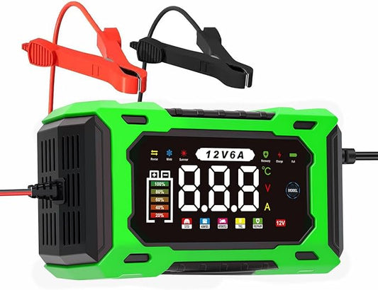 12V 6A Smart Battery Charger - Automotive Car/Motorcycle 12V Lead-Acid Battery Charger with LCD, Pulse Repair & Overcharge Protection (Green)