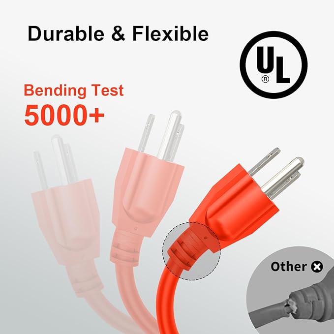 50FT Outdoor Extension Cord, 16/3 SJTW Tri-Tap Power Cable, Weatherproof, Heavy Duty Extension Cord for Holiday Decoration and Landscaping Lights,Orange