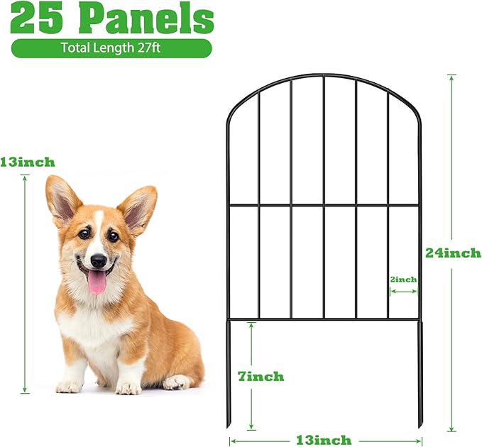 OUSHENG 25 Panels Metal Garden Fence 27ft x 24in - Rustproof Decorative Wire Fencing for Outdoor Yard, Flower Bed, Patio | Arched Animal Barrier & Landscape Edging (Black)