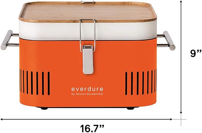 Everdure Cube Portable Charcoal Grill, Tabletop BBQ, Perfect Tailgate, Beach, Patio, or Camping Grill, Lightweight & Compact Small Grill with Preparation Board & Food Storage Tray, Orange