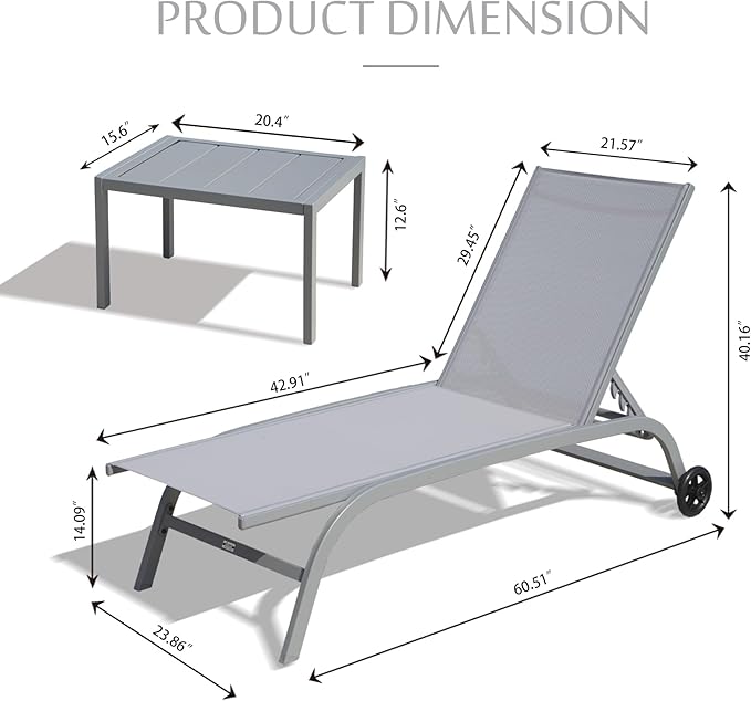 Domi Pool Lounge Chairs Set of 3, Adjustable Aluminum Outdoor Chaise Lounge with Wheels Patio Lounge Chairs with Side Table, All Weather for Deck Lawn Poolside Backyard-Gray Textilene