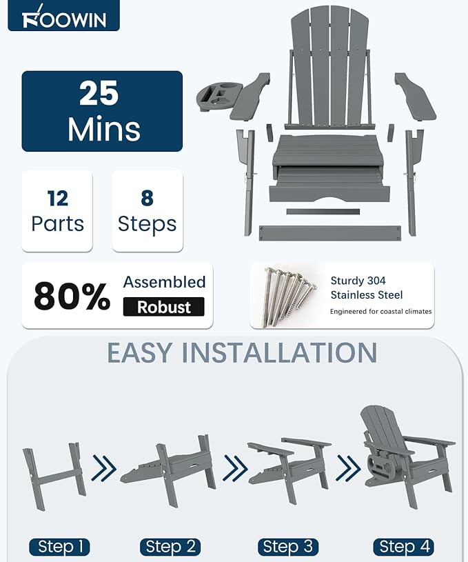 FOOWIN Folding Adjustable Adirondack Chair with Retractable Ottoman Set of 2, HDPE Adirondack Chair w/4 in 1 Cup Holder Trays,All-Weather Resistant Fire Pit Chair for Outdoor Patio Lawn, Grey