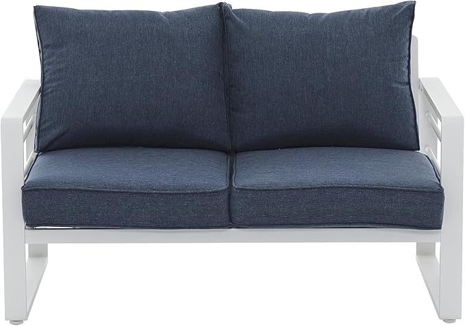 Patiorama Aluminum Patio Furniture Set, Outdoor Patio Loveseat, 2 Seat Sofa Couch, All Weather White Metal Chair with Olefin Cushion, Deep Seating, 600 lbs Capacity, Deck, Garden-Blue Cushion