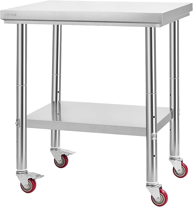VEVOR Stainless Steel Table, 24 x 30 Inches Food Prep Worktable with Wheels, Kitchen Prep Table with Adjustable Undershelf Workstations for Commercial Kitchen, Restaurant, Hotel and Garage, Outdoor