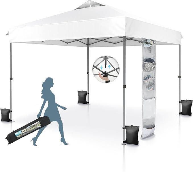 MFSTUDIO Pop Up Canopy Tent, 10x10 Outdoor Canopies One Person Push Set Up Tent Instant Portable Shelter Tents with Vented Top, Storage, 4 Sandbags, Beach Canopy,White