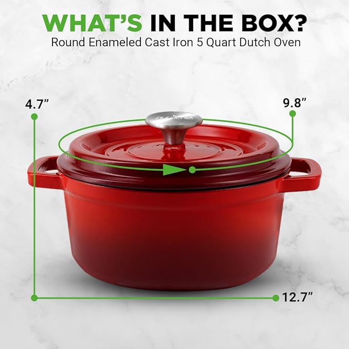 NutriChef Enameled Cast Iron Dutch Oven - 5-Quart Kitchen Round Dutch Oven Stovetop Casserole Cookware Braising Pot, Porcelain Enamel Coated Cast-Iron Baking Pots w/ Self Basting Lid