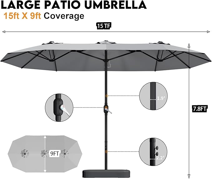 15ft Patio Umbrella with Base,Large Outdoor Double-Sided Rectangle Umbrella with Crank Handle, Market Umbrella for Poolside Garden Deck Backyard Beach Pools, Gray
