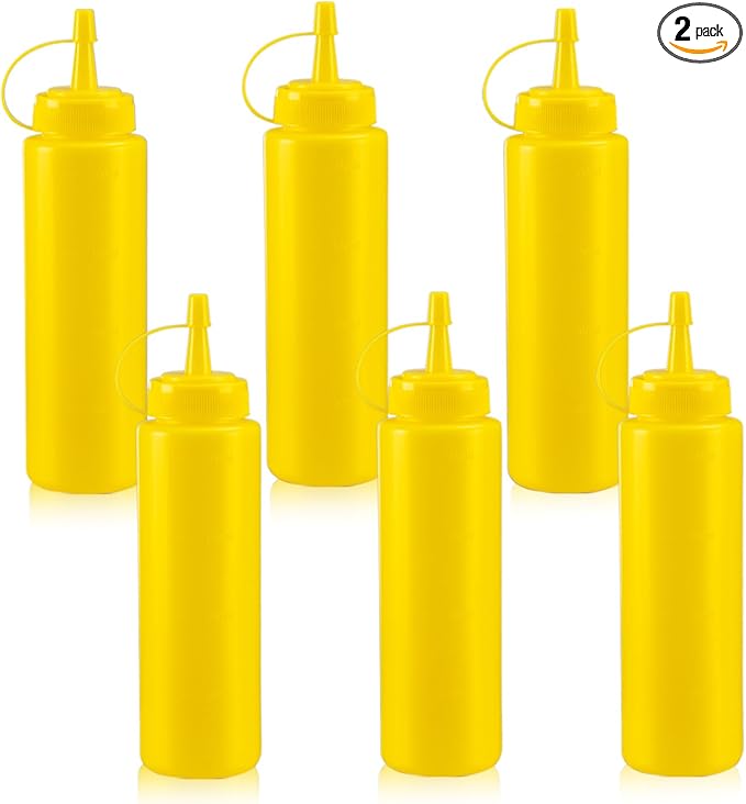 Squeeze Bottles for Sauces,Leak-Proof Condiment Dispenser, BPA-Free Kitchen Restaurant Squeeze Bottle Set with Wide Mouth for Ketchup, Mustard,Syrup,Dressings (Yellow, 6Pack-8oz(200ml))