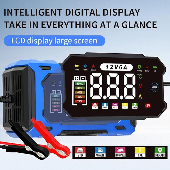 12V 6A Smart Battery Charger - Automotive Car/Motorcycle 12V Lead-Acid Battery Charger with LCD, Pulse Repair & Overcharge Protection