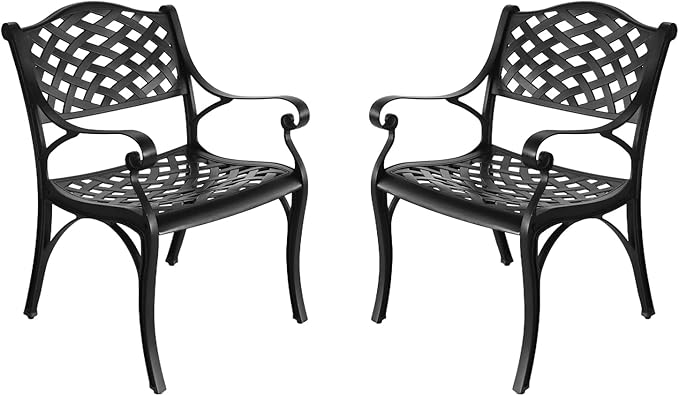 Cast Aluminum Patio Chairs Set of 2,Outdoor Bistro Dining Chair with Armrests,Metal 2 Piece Patio Bistro Chair with Adjustable Feet, Wrought Iron Outside Patio Furniture for Garden,Black