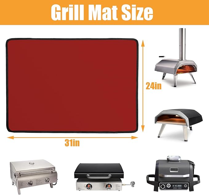 24x31in Heat Resistant Grill Mats for Outdoor Grill to Protect Your Prep Table and Outdoor Grill Table - Fire Proof & Water Proof & Oil Proof BBQ Mat - Red（1mm）