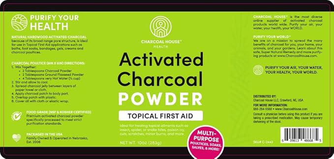 Charcoal House Hardwood Activated Charcoal Powder - Topical First Aid for Making Charcoal Poultices, Charcoal Foot Soaks, Charcoal Baths & More! - 10oz