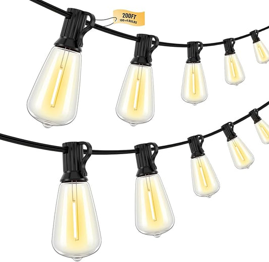 200FT LED Outdoor String Lights, 2700K LED Patio Lights Outdoor Waterproof with 100+4 Shatterproof Vintage Bulbs, Plug in Hanging Light for Porch, Backyard, Garden, Gazebo