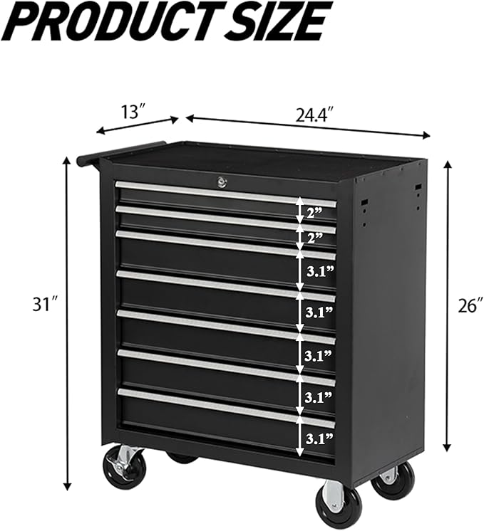 7 Drawers Tool Cart on Wheels, Multifunctional Rolling Storage Tool Chest,Drawers Rolling Tool Trolley Organizer Case for Garage,Warehouse,Workshop,Repair Shop (7 Drawers - Black)