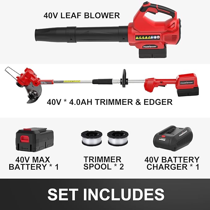 PowerSmart 40V Max Battery Powered Weed Eater and Cordless Leaf Blower Combo Kit with 4.0Ah Battery and Charger, String Trimmer and Weed Wacker 2-in-1 with Automated Feed Spool