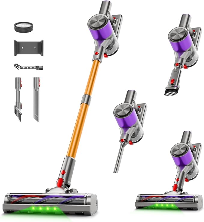 Cordless Stick Vacuum Cleaner, 38Kpa Powerful Suction Vacuum Cleaner with LED Headlight, Detachable Battery, 8-in-1 Lightweight Handheld Vacuums for Pet Hair Carpet and Hardwood Floor, Purple
