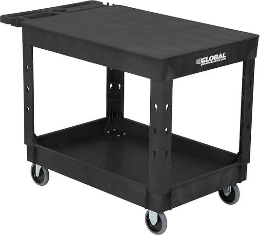 Global Industrial Industrial Service & Utility Cart, Plastic 2 Flat Black Shelf, 44” x 25-1/2”, 5" Rubber Casters