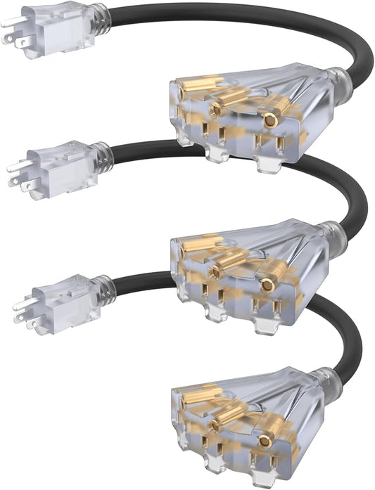 2FT 12 Gauge Outdoor Extension Cord with 3-Outlets, 3Pack, Heavy Duty 3 Prong Extension Cord Waterproof with Lighted end, 15A 12AWG 1875W SJTW, ETL Listed, Black