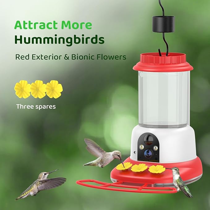 SEHMUA Smart Hummingbird Feeder with Camera, Solar Powered Bird Cam with 1 Year Trial AI Identify, Ant Moat & Bee Proof, Outdoor Hanging, Gift for Bird Watching