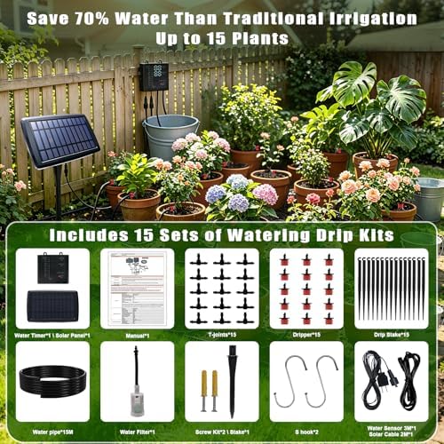 Solar Irrigation System for Garden, Solar Drip Irrigation System Automatic Drip Irrigation Kits with Irrigation Timer, Solar Powered Garden Watering System for Balcony, Vacation Plant Care