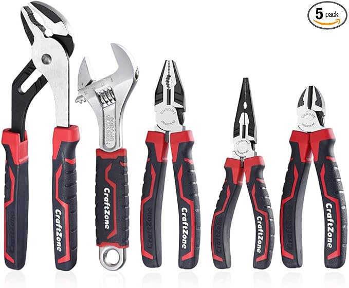 5-Piece Pliers & Wrench Set - Ideal Gift for Mechanics - Construction - Plumbing - Includes 6" Long Nose & Diagonal Pliers - 8" Adjustable & Combo Wrench - 10" Groove Joint Plier