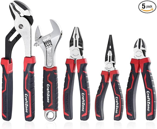 5-Piece Pliers & Wrench Set - Ideal Gift for Mechanics - Construction - Plumbing - Includes 6" Long Nose & Diagonal Pliers - 8" Adjustable & Combo Wrench - 10" Groove Joint Plier
