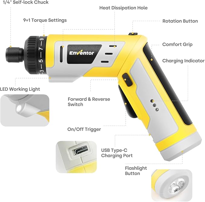 Enventor 4V Cordless Power Screwdriver Kit, Electric Screwdriver Set with 52pcs Accessories, 2000mAh Battery, Type-C Charging, 4.5Nm Screw Gun, 9+1 Torque Setting, 2 Position Handle, LED & Flashlight