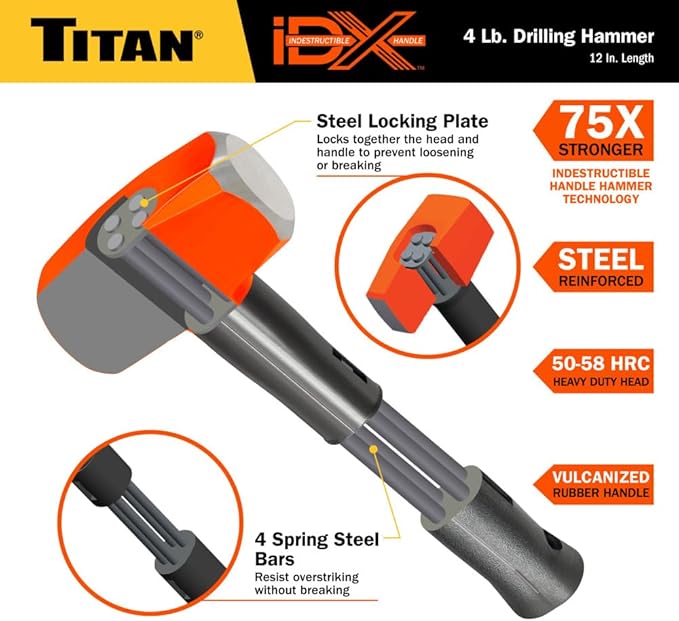 Titan iDX 63614 4lb Drilling Hammer, Sledgehammer with 12" Indestructible Handle Reinforced with Steel Locking Plates & Steel Bars, Vulcanized Rubber Grip, Overstrike Protection