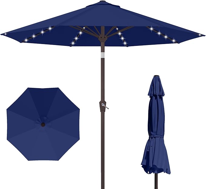 Kingdura 10FT Outdoor Patio Umbrella with Solar Lights, Market Table Umbrella with Push Button Tilt & Crank, 8 Sturdy Ribs, 32 LED Lights, UV Protection for Garden Lawn Deck Backyard Pool (Navy blue)