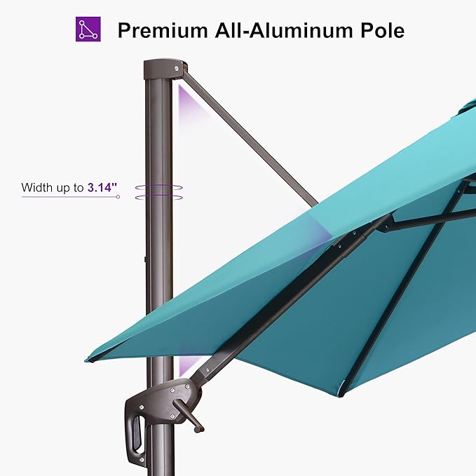 PURPLE LEAF 9' X 9' Patio Umbrella With Base Square Cantilever Umbrella Outdoor with 360° Rotation and Aluminum Offset Hanging for Pool Deck Garden Backyard, Turquoise
