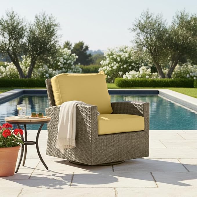 Covers & All Cabo Swivel Glider Club Chair, 8 mm Jacobean Flat Wicker Patio Furniture with Sunbrella Cushions, UV & Fade Resistant Outdoor Furniture Accent Chair Motion (32.5" L x 31" W x 33" H)