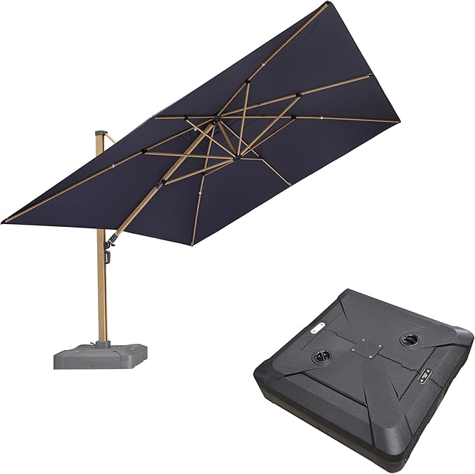 PURPLE LEAF 12FT Patio Umbrella With Base Square Cantilever Umbrella Teak Finished Aluminum Frame Large Windproof Offset Outdoor Sun Umbrellas for Beach Pool Deck, Navy Blue