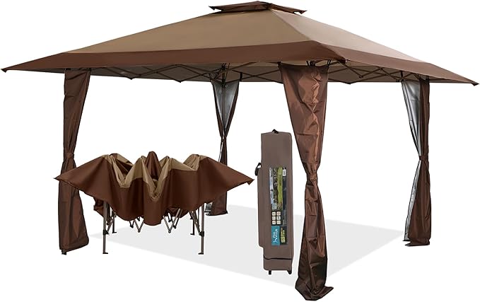 PHI VILLA 13'x13' UV Block Sun Shade Gazebo Canopy with Hardware Kits, Gazebo Shade for Patio Outdoor Garden Events, Brown
