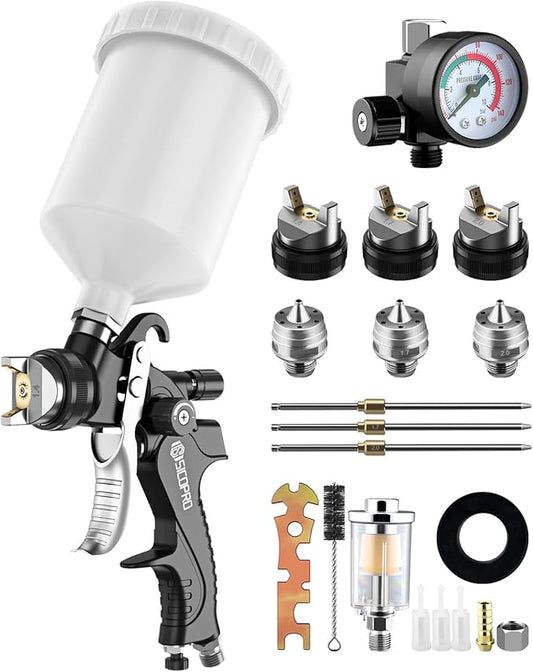 HVLP Paint Sprayer Gun, Air Paint Sprayer for House Painting, Cars, Paint Guns Automotive, 1.4/1.7/2.0mm 15 Nozzle Holes, Varnish and Top Coat, Air Regulator