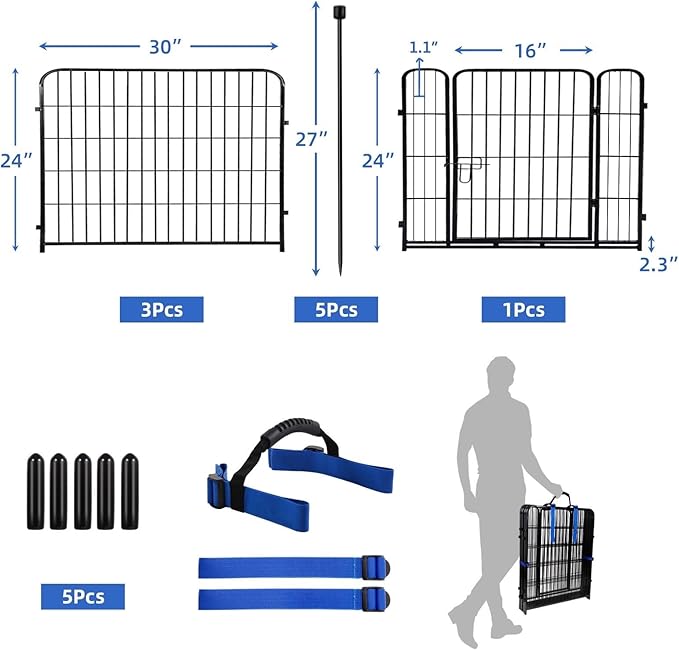 ADAVIN 24 in(H) Garden Fence with Gate, 4 Panels Total 9.8 Ft(L), Heavy Duty Iron Metal Animal Barrier Fence, Camping Fence, No Dig Garden Border Fencing for Yard