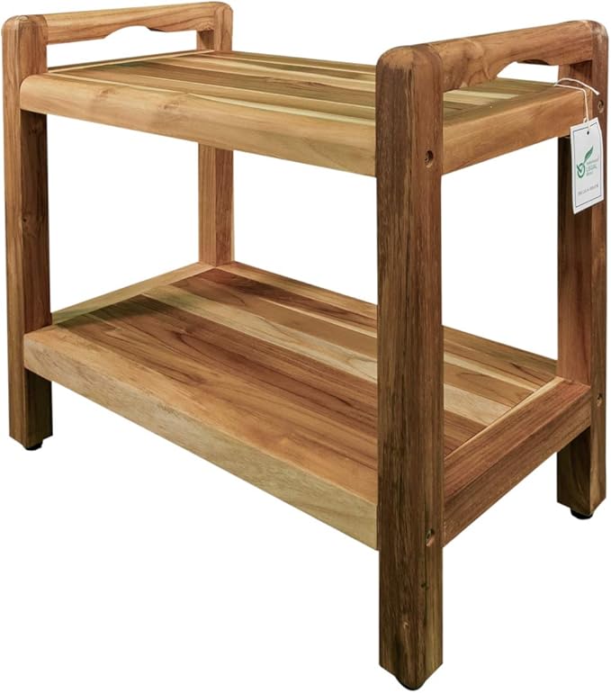 EcoDecors Eleganto 24 Inch Natural Color Waterproof Teak Wood Shower Bench Stool Seat Chair For Inside Shower Provides Safety, Storage, and Organization For Bathroom Accessories
