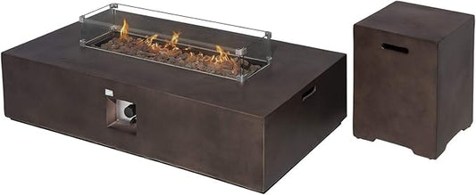 COSIEST 2-Piece Outdoor Propane Fire Table Set, Rectangle Concrete 56" x 28" Bronze Fire Pit (Certified, 50,000 BTU) w 20lb Tank Table, Wind Guard, Waterproof Cover for Garden, Porch, Backyard