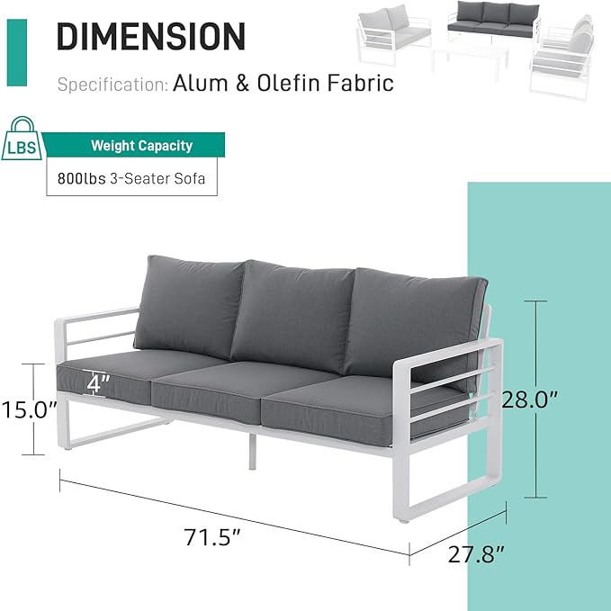 Patiorama Aluminum Patio Furniture Set, Outdoor Patio 3-Seater Sofa, 3 Seats Couch, All Weather White Metal Chair with Olefin Cushion, Deep Seating, 800 lbs Capacity, Deck, Garden-Grey Cushion