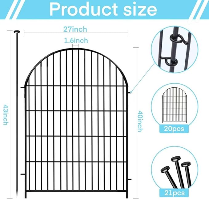 Tall Garden Fence with Gate, 40 in(H) x 45 Ft(L) Dog Fence Outdoor for Yard, 20 Panels Rustproof Metal Wire Animal Barrier Fences, Temporary Fencing for Dogs Rabbits, Arched
