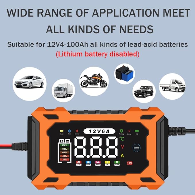 12V 6A Smart Battery Charger - Automotive Car/Motorcycle 12V Lead-Acid Battery Charger with LCD, Pulse Repair & Overcharge Protection (Orange)