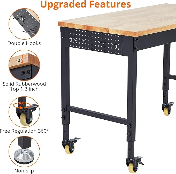 60"x22" Heavy-Duty Adjustable Workbench - 2000LB Capacity Work Bench with Rubberwood Top, Locking Wheels & Power Outlets, 27.8"-39.5" Height, Mobile Garage Workstation for Workshop/Home DIY