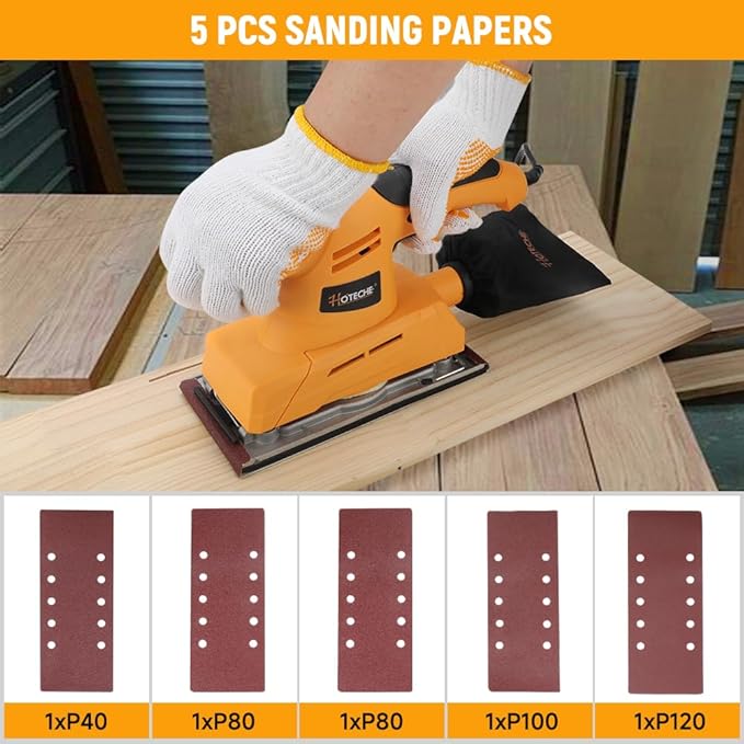Hoteche 3.17 Amp Orbital Sander, 4.5 x 9 Inch Pad – Variable Speed, 7000–12000 RPM, Dust Bag, 5 Sandpapers & Carbon Brushes – Heavy-Duty Aluminum Base Sheet Sander for Wood, Paint & Metal