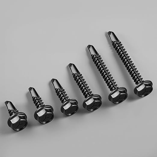 #12 x 1 Inch Self Drilling Screws, (195pcs) 2 lbs Black Self Tapping Screws for Metal, 410 Stainless Steel Hex Washer Head Sheet Metal Screw